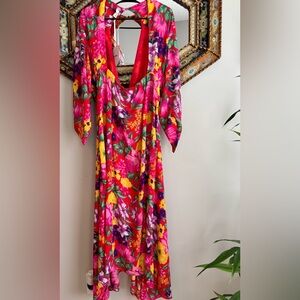 RIXO Pink and Red Long Sleeve Wrap Dress 55 inches perfect for weddings!